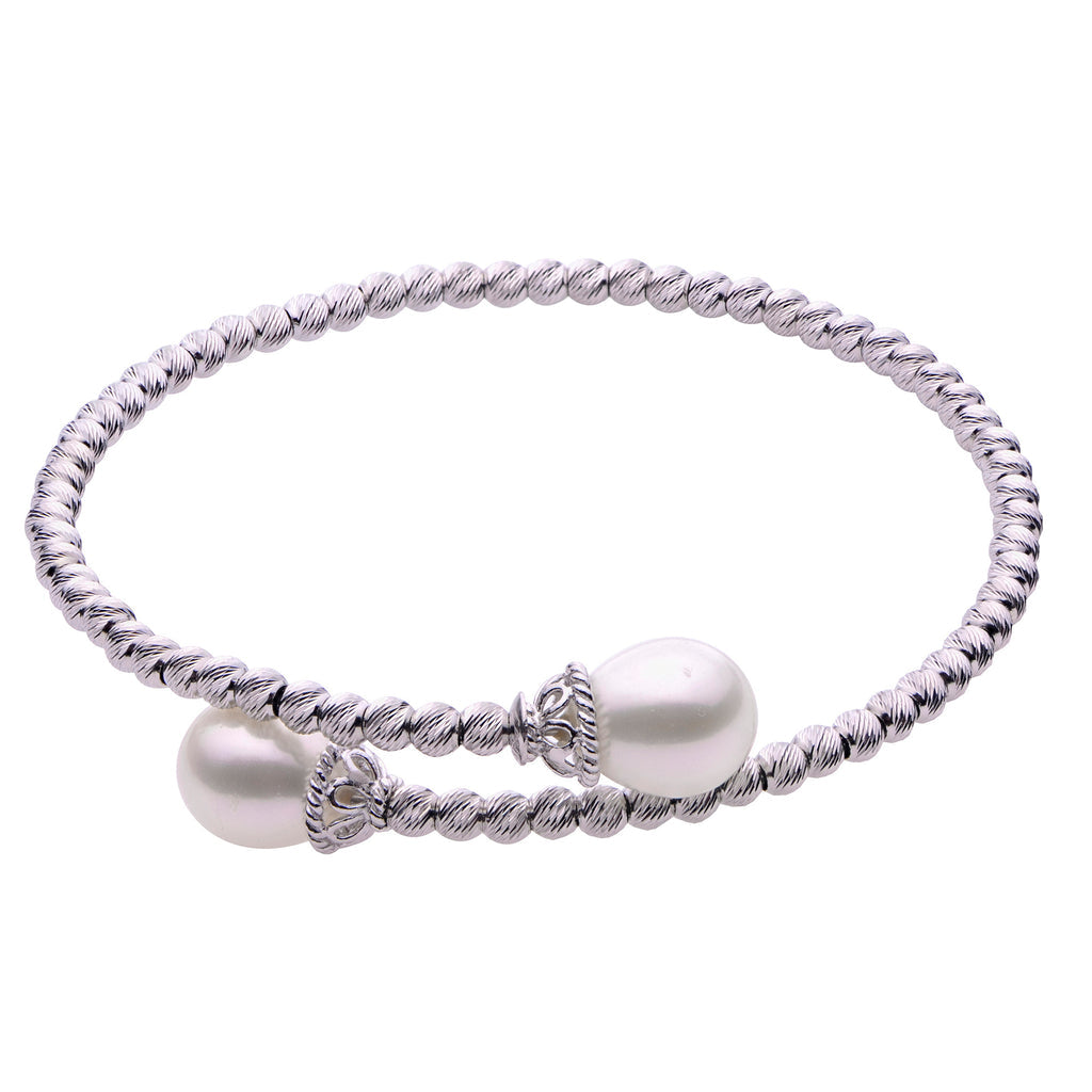 Rhodium Brilliance Pearl Bangle Bracelet in Sterling Silver