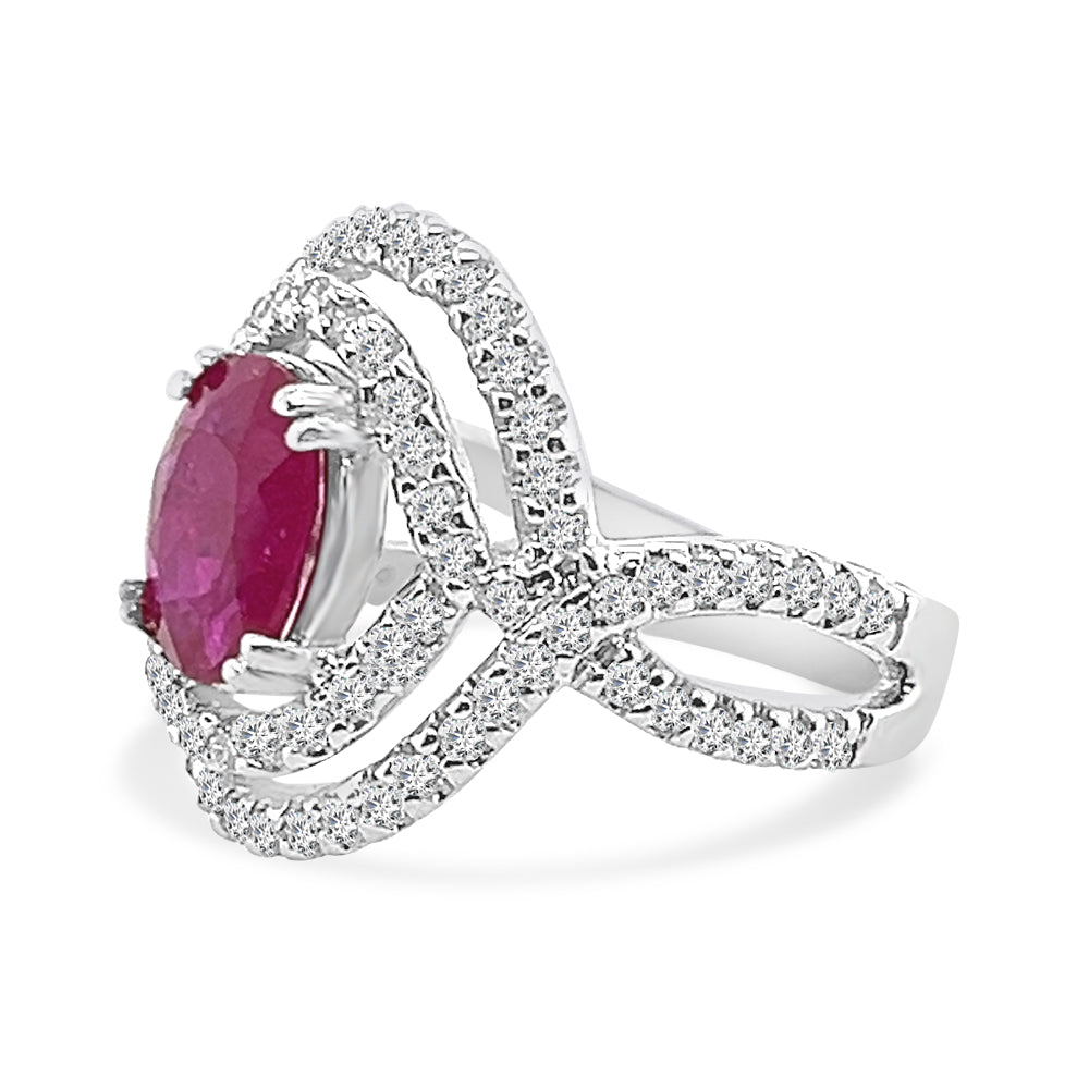 14K White Gold Diamond and Ruby Oval Shape Ring - 2.20 Carats