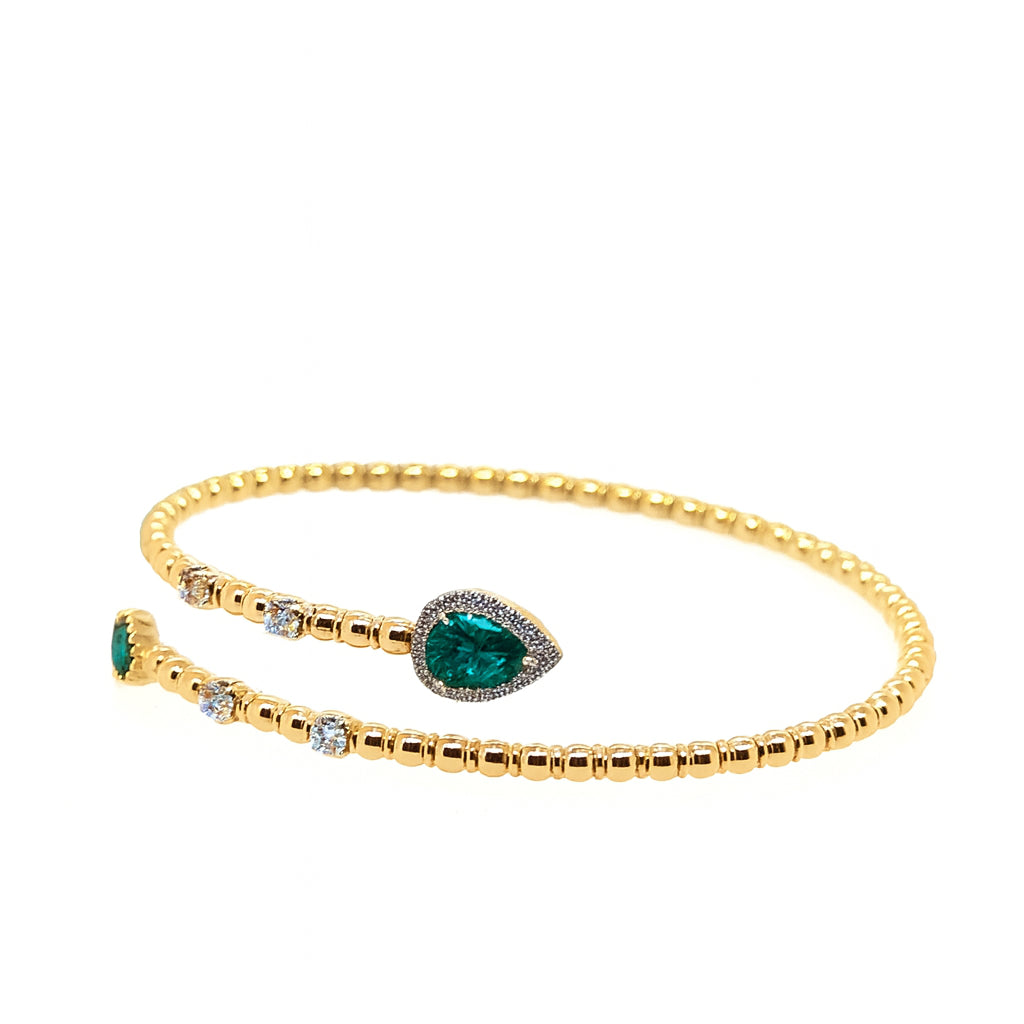 1.18 Carat Emerald and Diamond Wrap Bangle in 14 Karat Yellow Gold Bracelet - Pear Shape Design