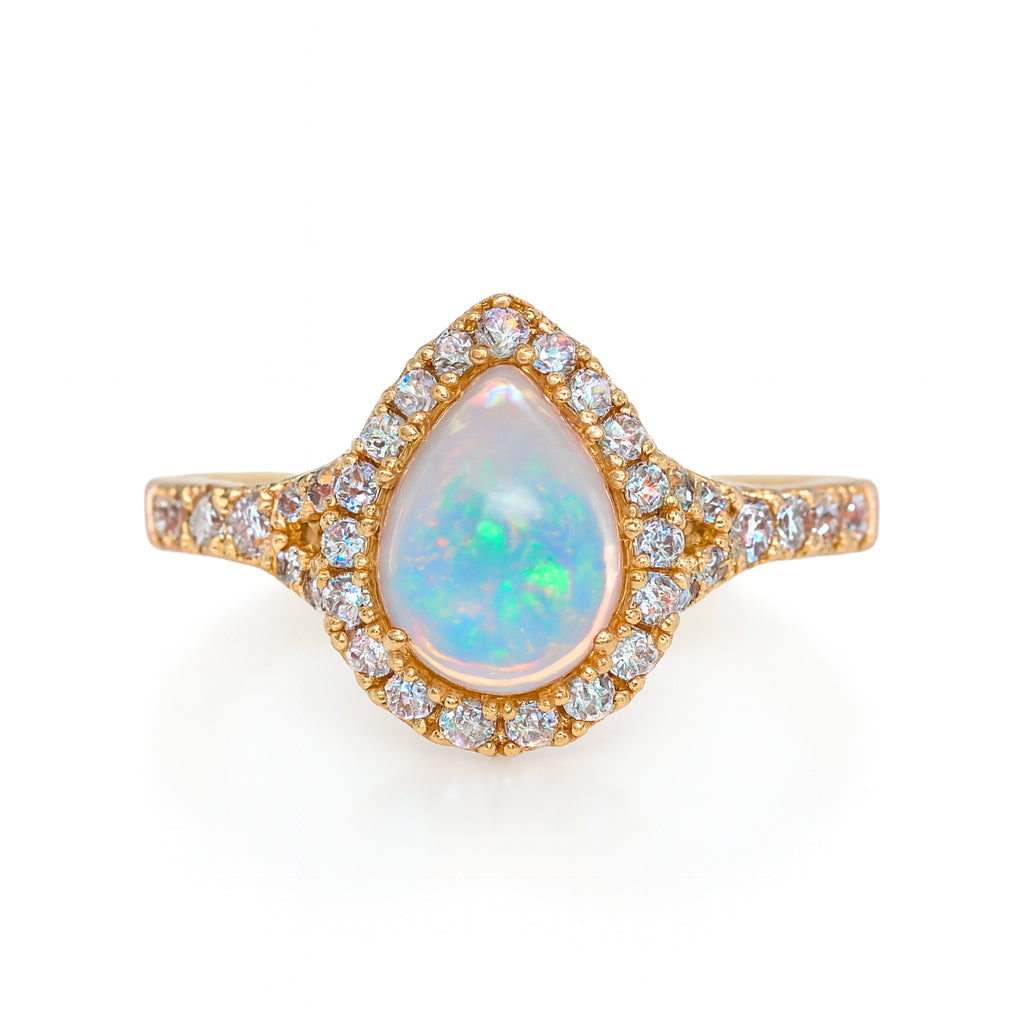 14K Yellow Gold Halo Split Shank Opal Pear Shape Ring - 1.80 Carats