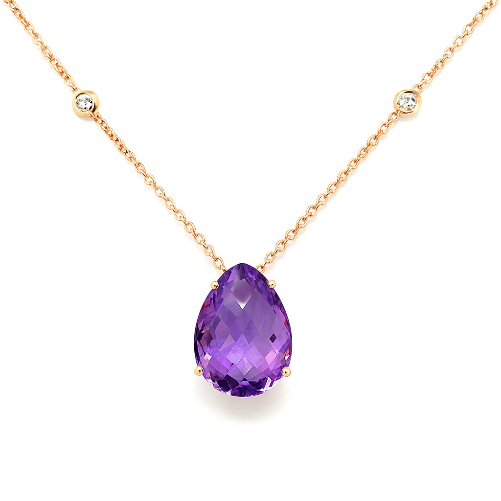 14 Karat Rose Gold Amethyst Pear-Shaped Necklace - Size 8