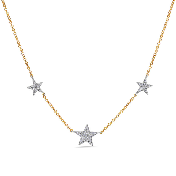 14 Karat Two-Tone Star Station Necklace with Natural Diamond - 0.12 Carats