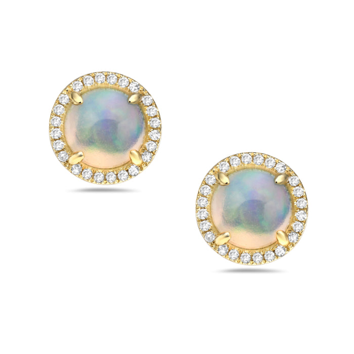 14K Yellow Gold Opal Stud Earrings with Halo, Round Shape - 0.96 Carat