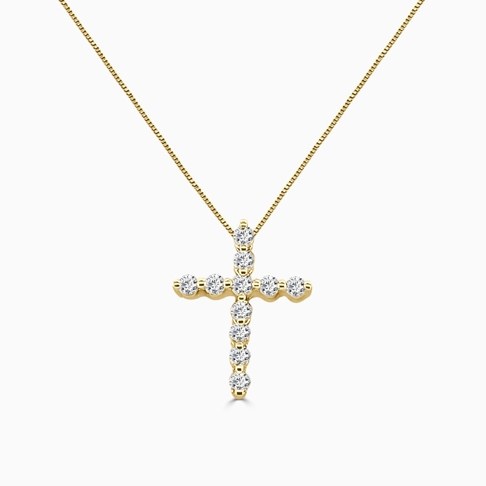 Round Natural Diamond Prongset Cross Pendant Necklace in 10K Yellow Gold (0.52 ct)
