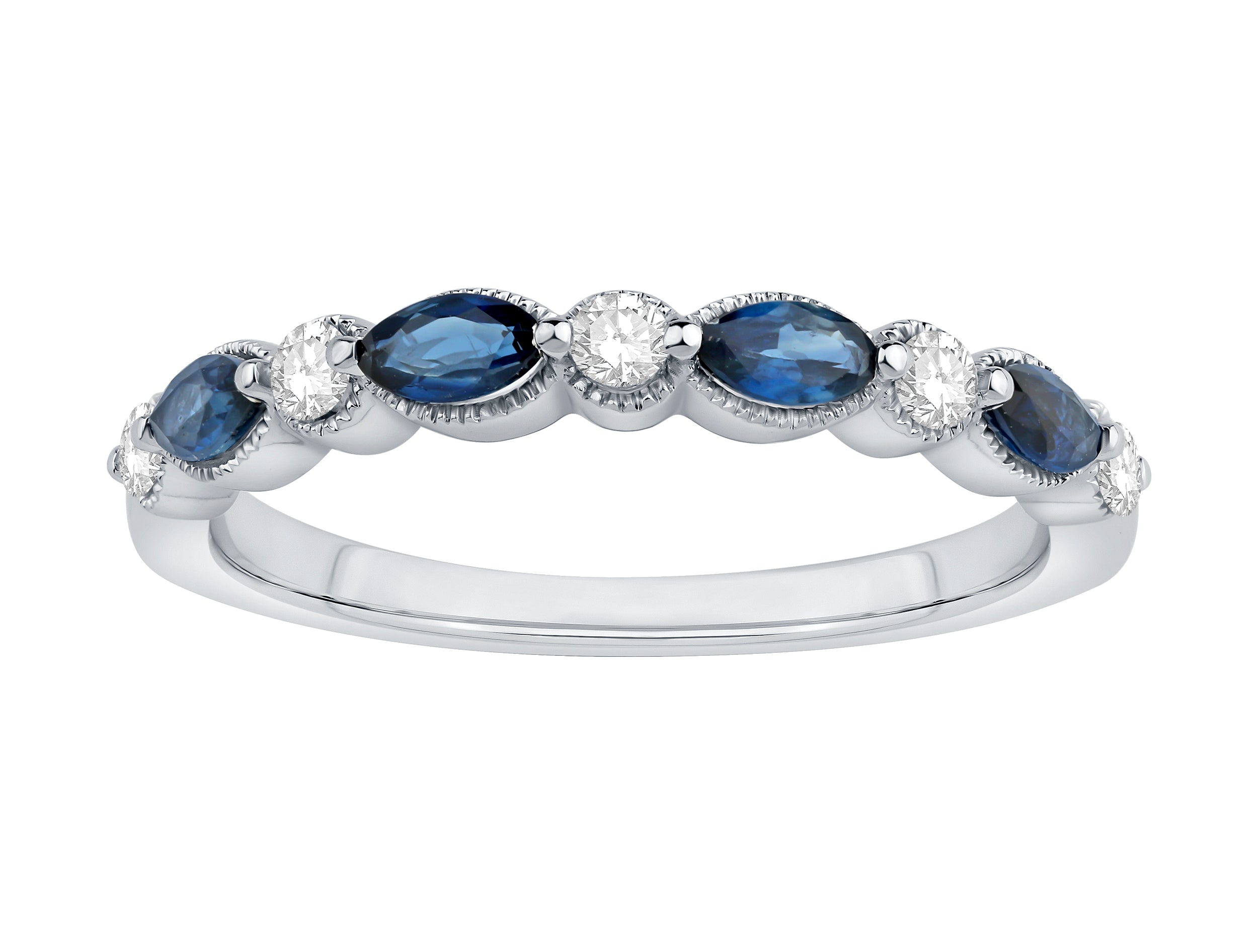 14K White Gold Round Lab Diamond and Sapphire Wedding Band (0.13 Ct)