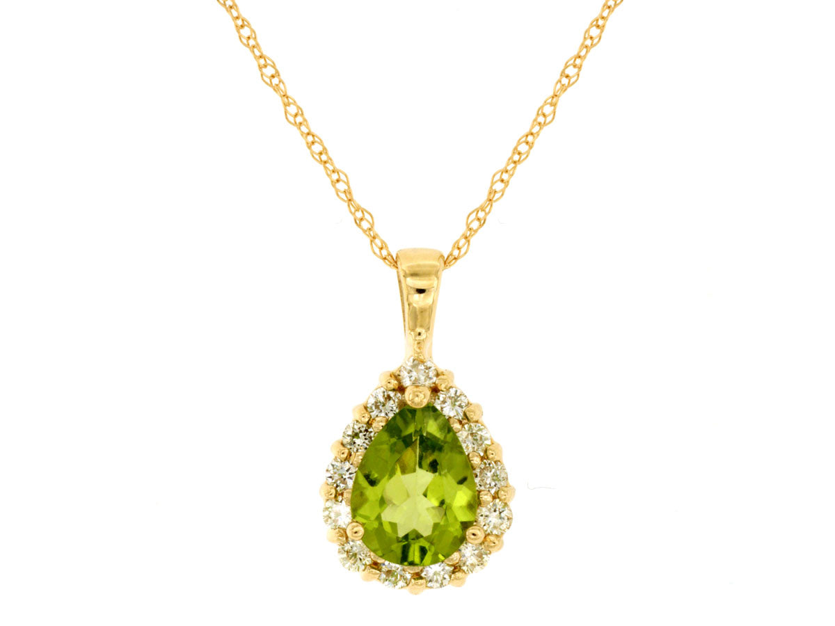 Peridot Halo Necklace in 14 Karat Yellow Gold with Pear Shape 1.10 Carat