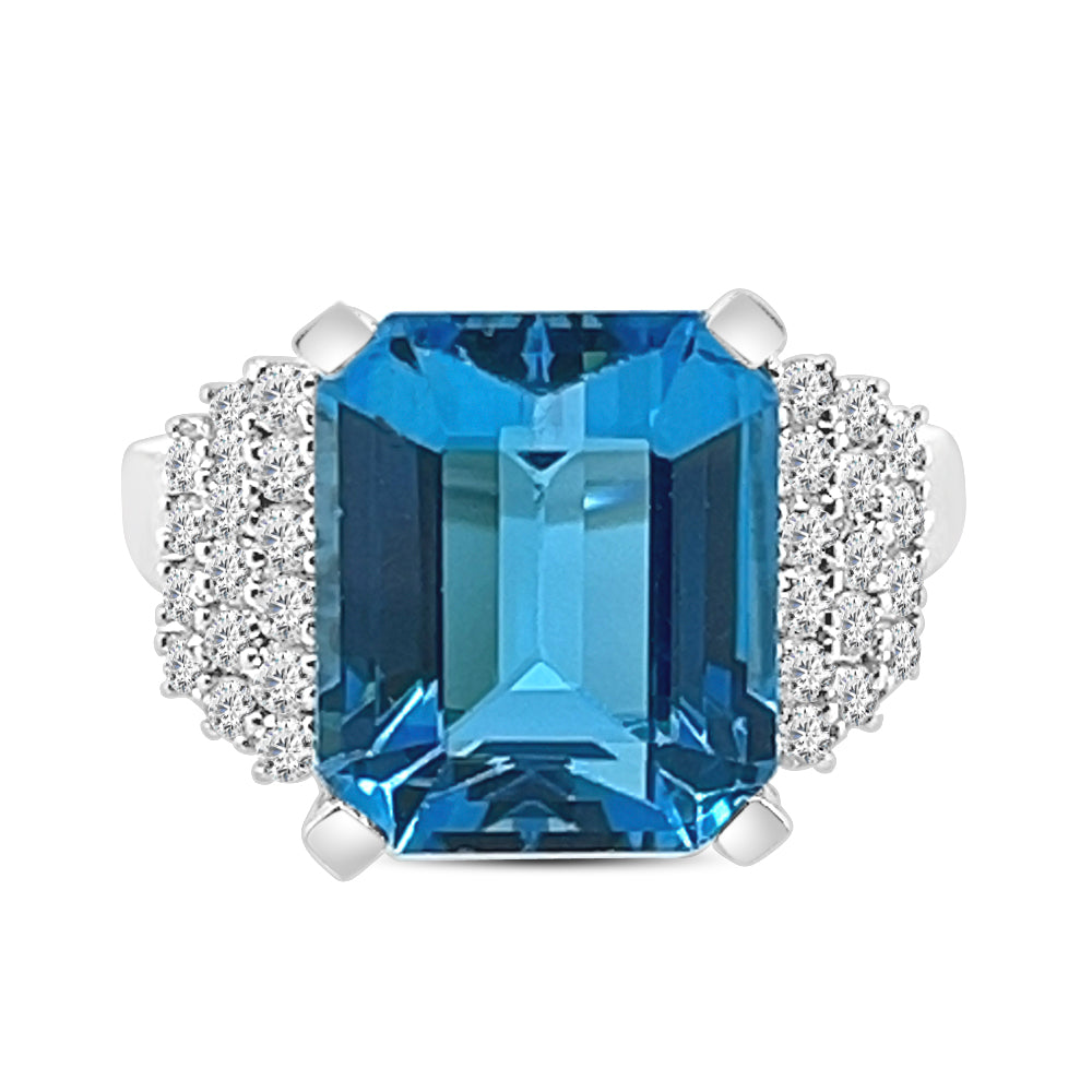 Emerald-Shaped Swiss Blue Topaz and Diamond Necklace in 14 Karat White Gold - 8.00 Carats