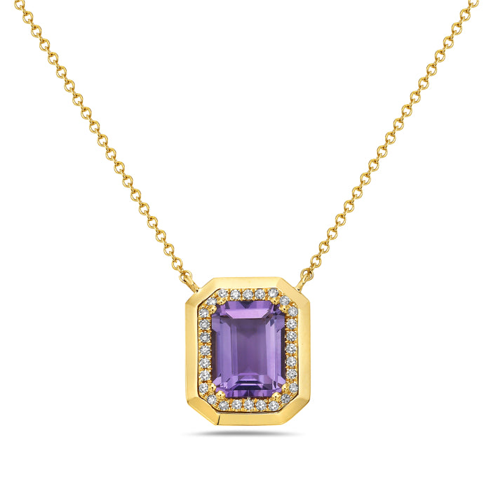 14K Yellow Gold Emerald Shape Amethyst and Diamond Necklace - 1.55 Carats