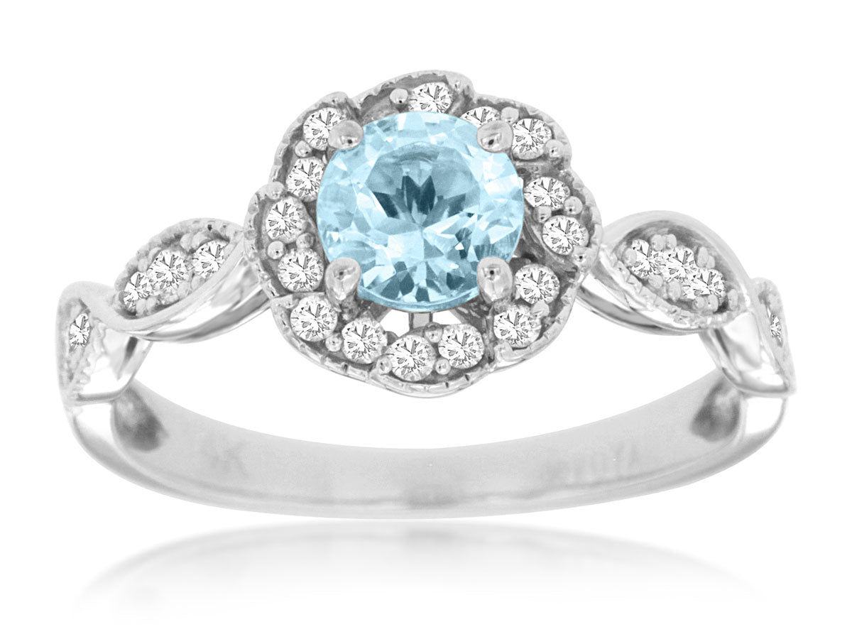 14K White Gold Aquamarine and Diamond Ring - 0.55 Carat Round Shape