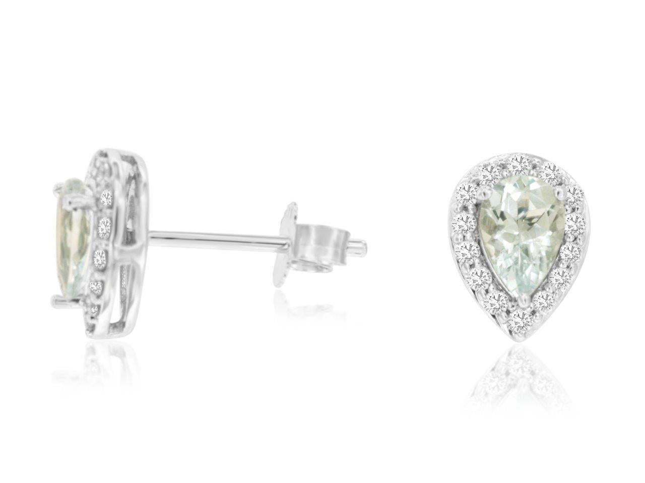 14K White Gold Halo Stud Earrings with Aquamarine Pear Shape Stones (0.75 ct)