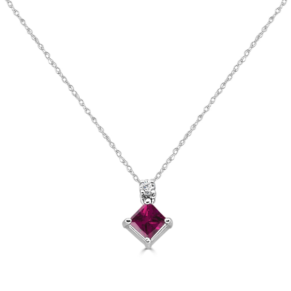 14 Karat Yellow Gold Ruby and Diamond Princess Shape Necklace - 0.65 Carats