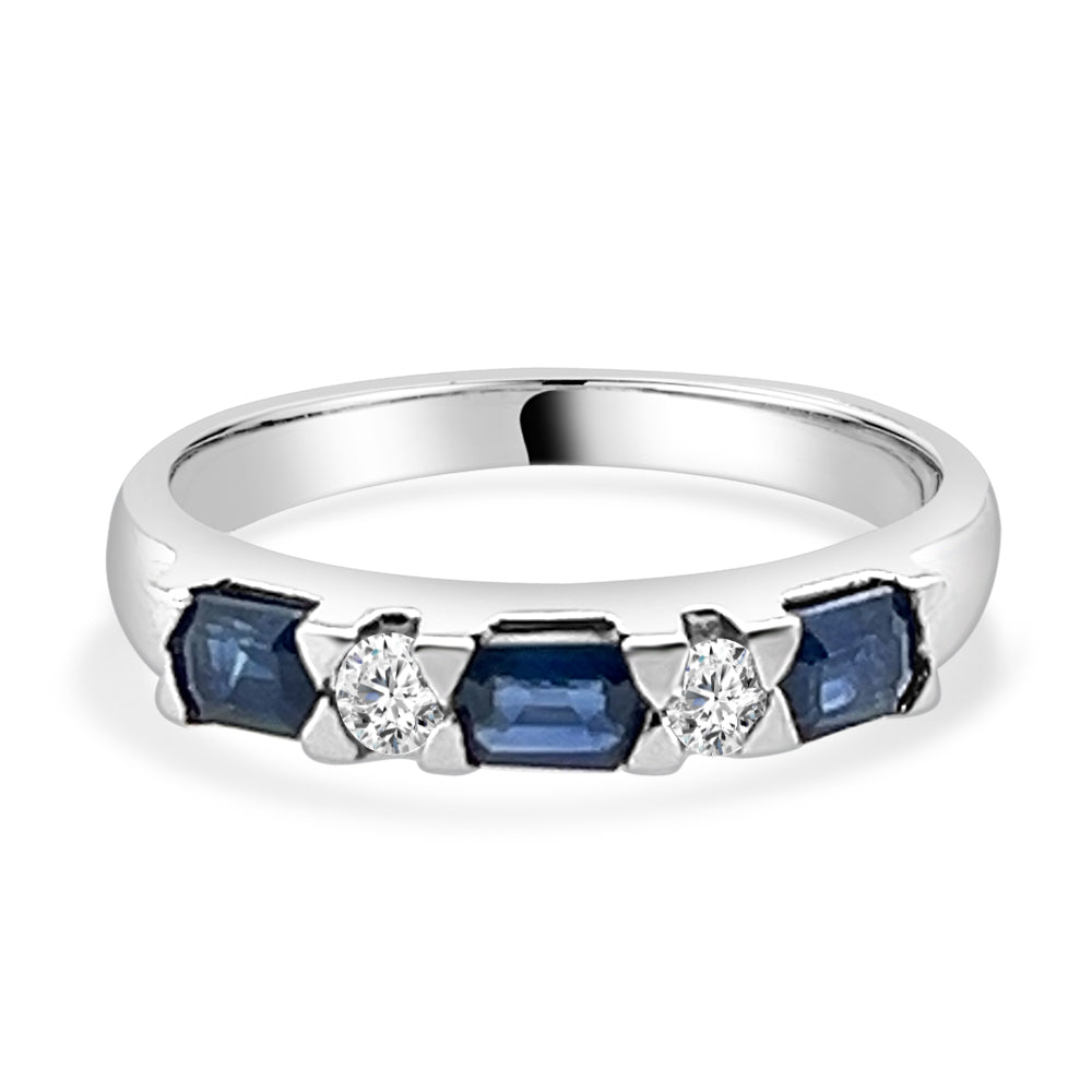 14K White Gold Blue Sapphire and Diamond Band Ring with Emerald Shape - 1.05 ct.