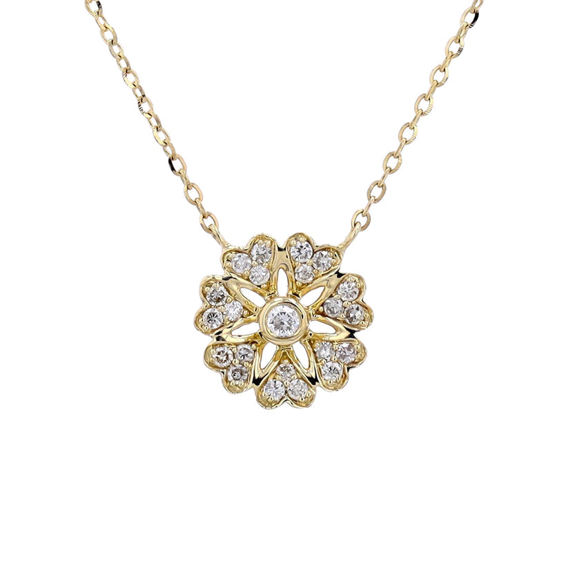 Floral Diamond Pendant Necklace in 14K Yellow Gold with Adjustable Chain - 0.14 Carats