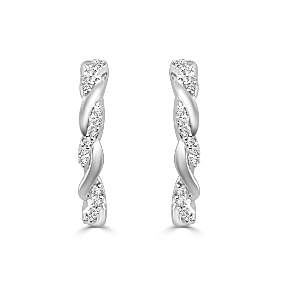 10K White Gold Twisted Huggie Earrings with 0.10 ct Natural Diamond, Round Shape