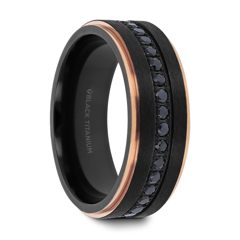 Stunning Titanium Wedding Band with Astro Blk Rose Gold and Black Sapphire Detail