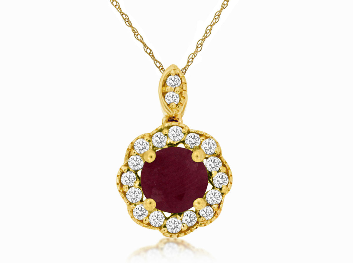 Round Ruby Halo Necklace in 14 Karat Yellow Gold - 0.77 Carats