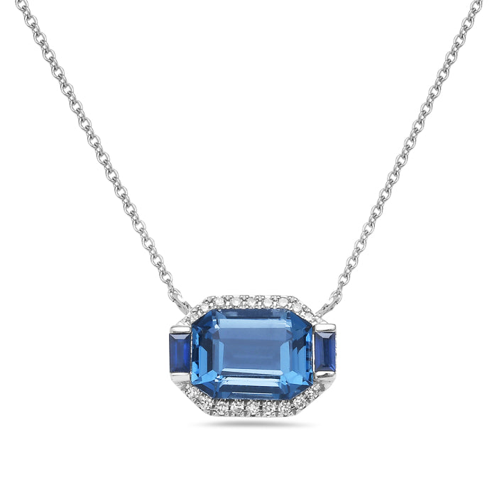 14K White Gold Blue Topaz Emerald Shape Necklace - 1.73 Carats