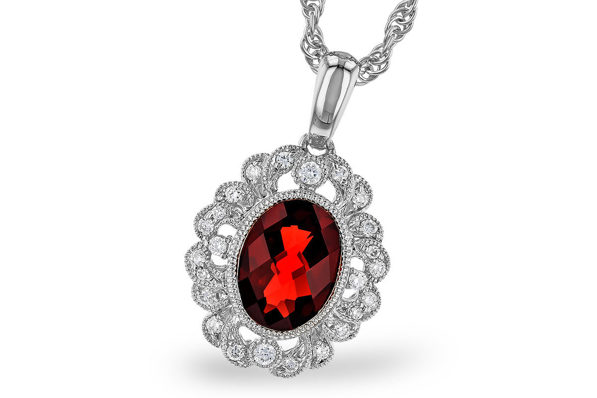 14K White Gold Garnet Oval Fancy Floral Halo Necklace - 1.40 Carats