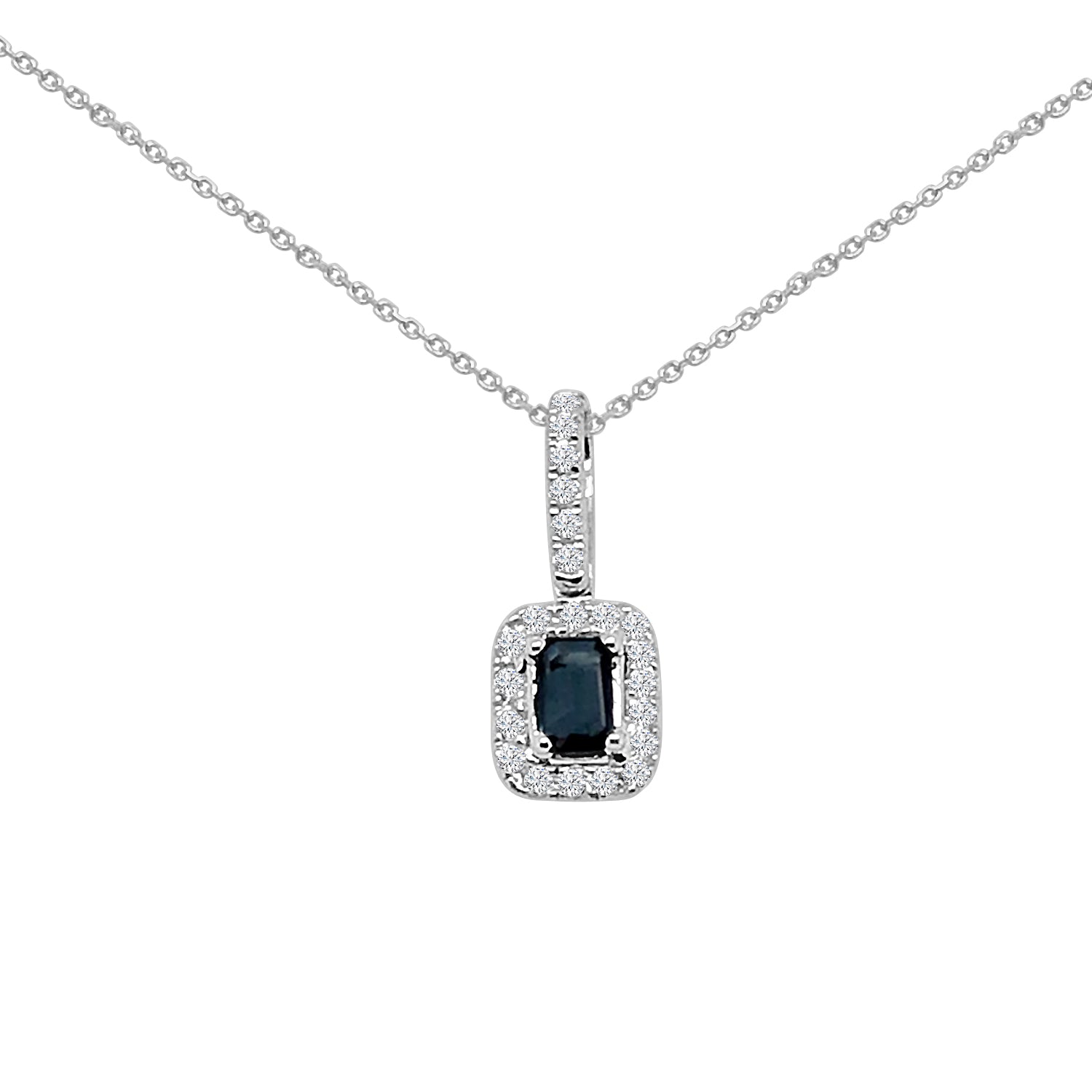 14K White Gold Halo Necklace with 2.15ct Emerald Cut Blue Sapphire