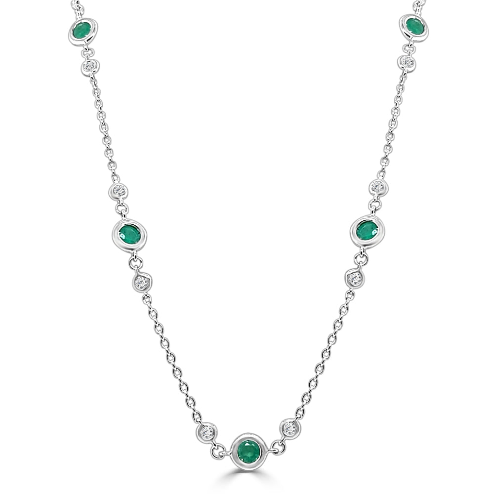 Emerald and Diamond Station Necklace in 14 Karat White Gold with 1.80 Round Shape Gems