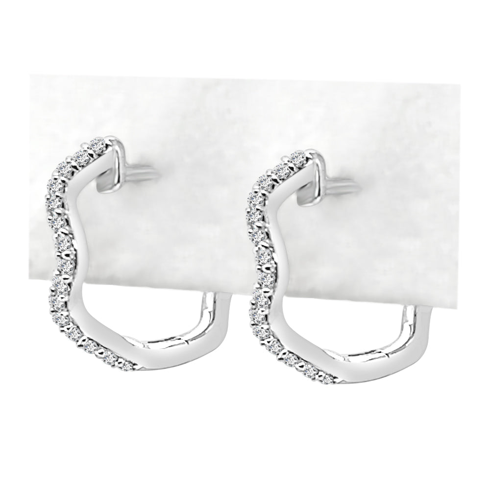 10K White Gold Natural Diamond Wave Hoop Earrings - Round Shape 0.13 ct