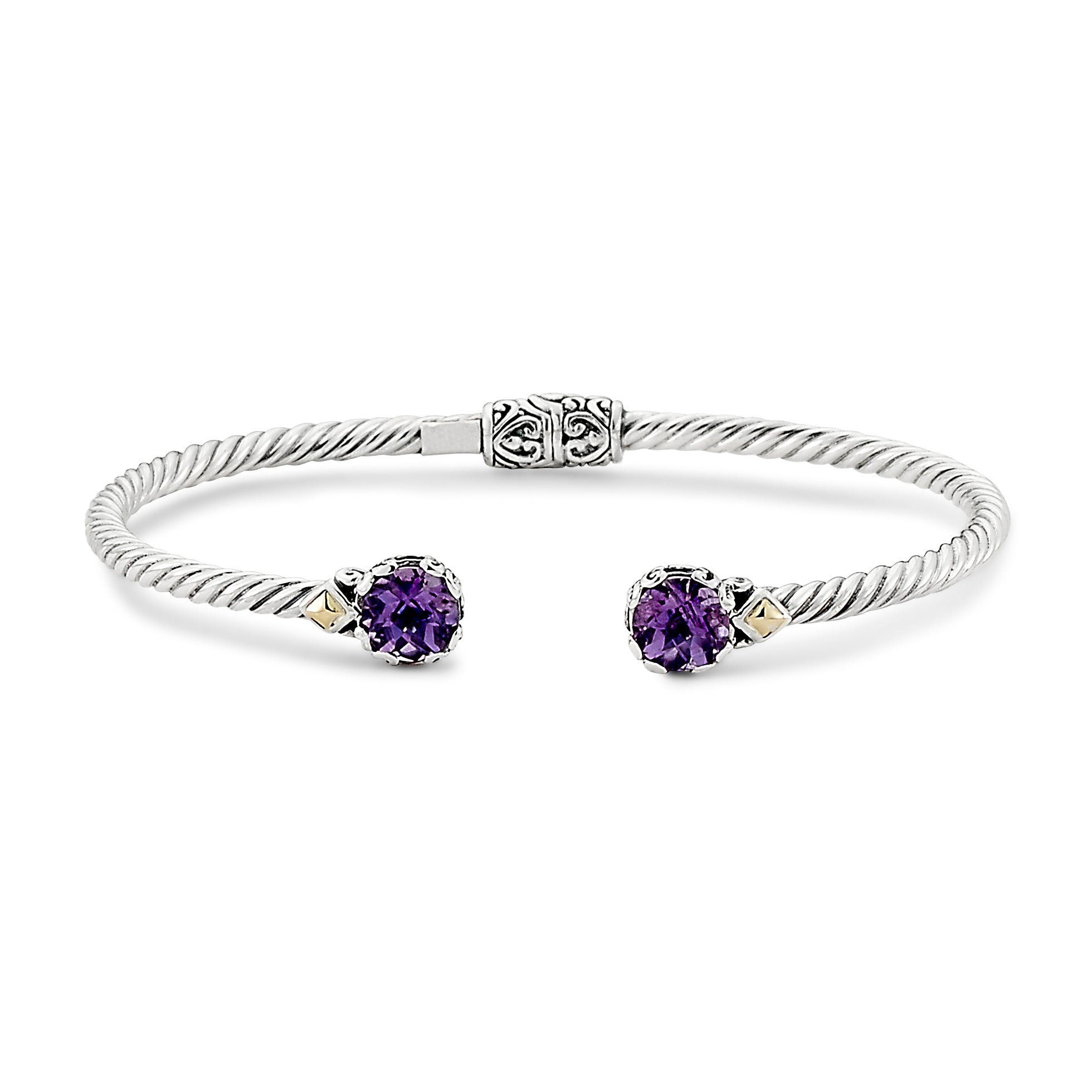 Twisted Cable Hinged Bangle Bracelet in 18K & Sterling Silver with Amethyst Accent