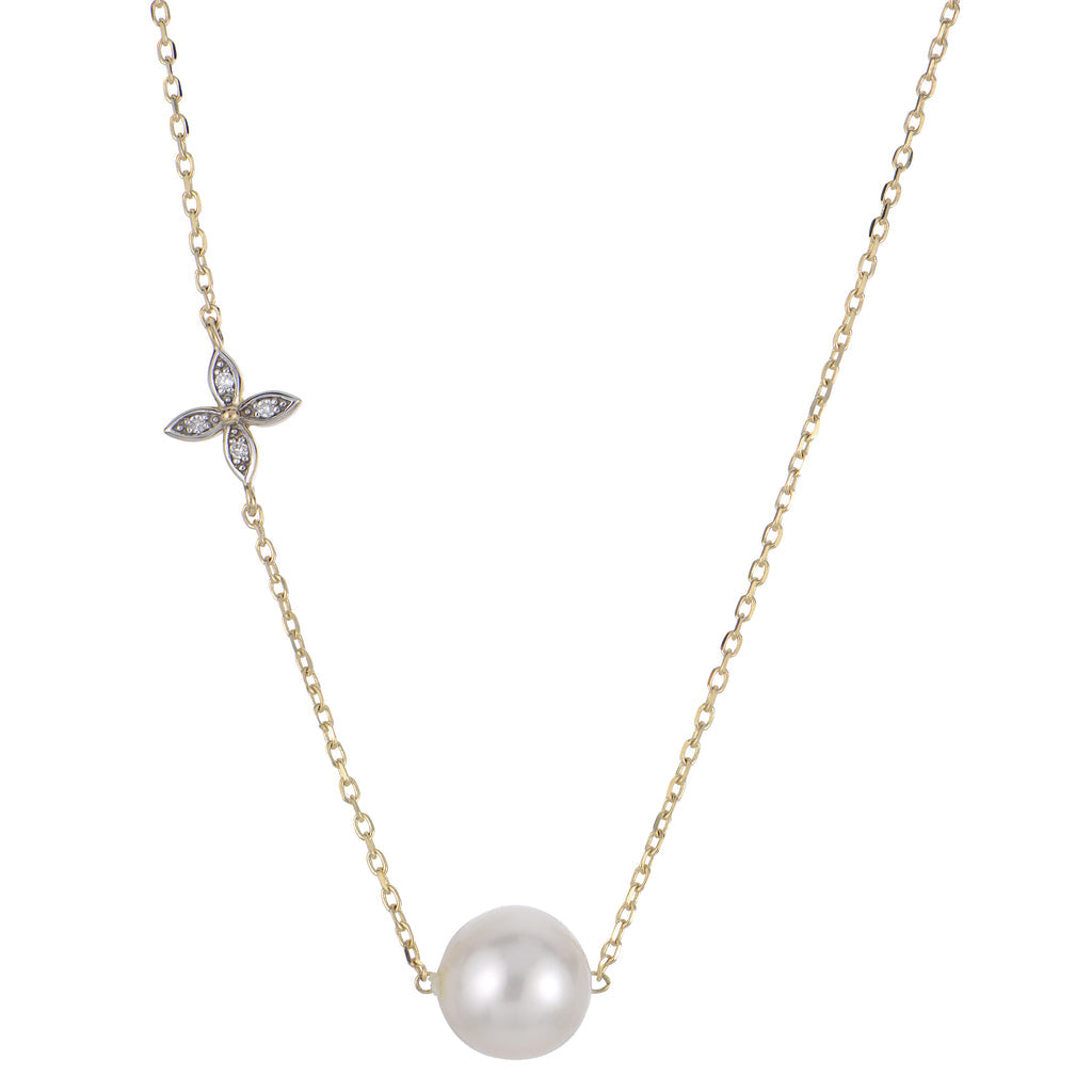 14 Karat Yellow Gold Necklace with Aa 4 Petal Flower Pearl Pendant