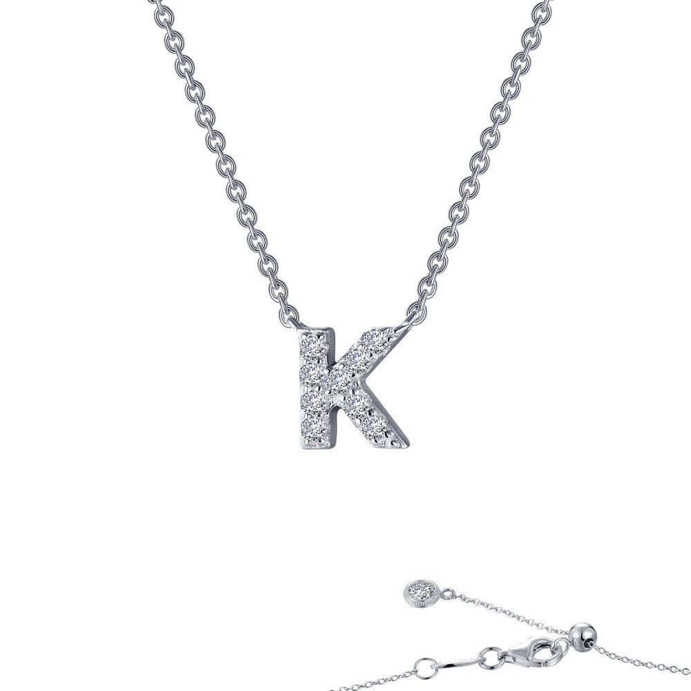 Platinum Coated Sterling Silver Block Letter K Necklace with Lassaire 0.38 Carat