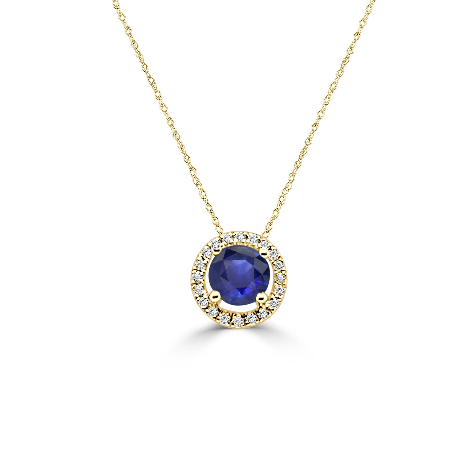 14K Yellow Gold Round Blue Sapphire and Diamond Pendant Necklace - 0.55 ct