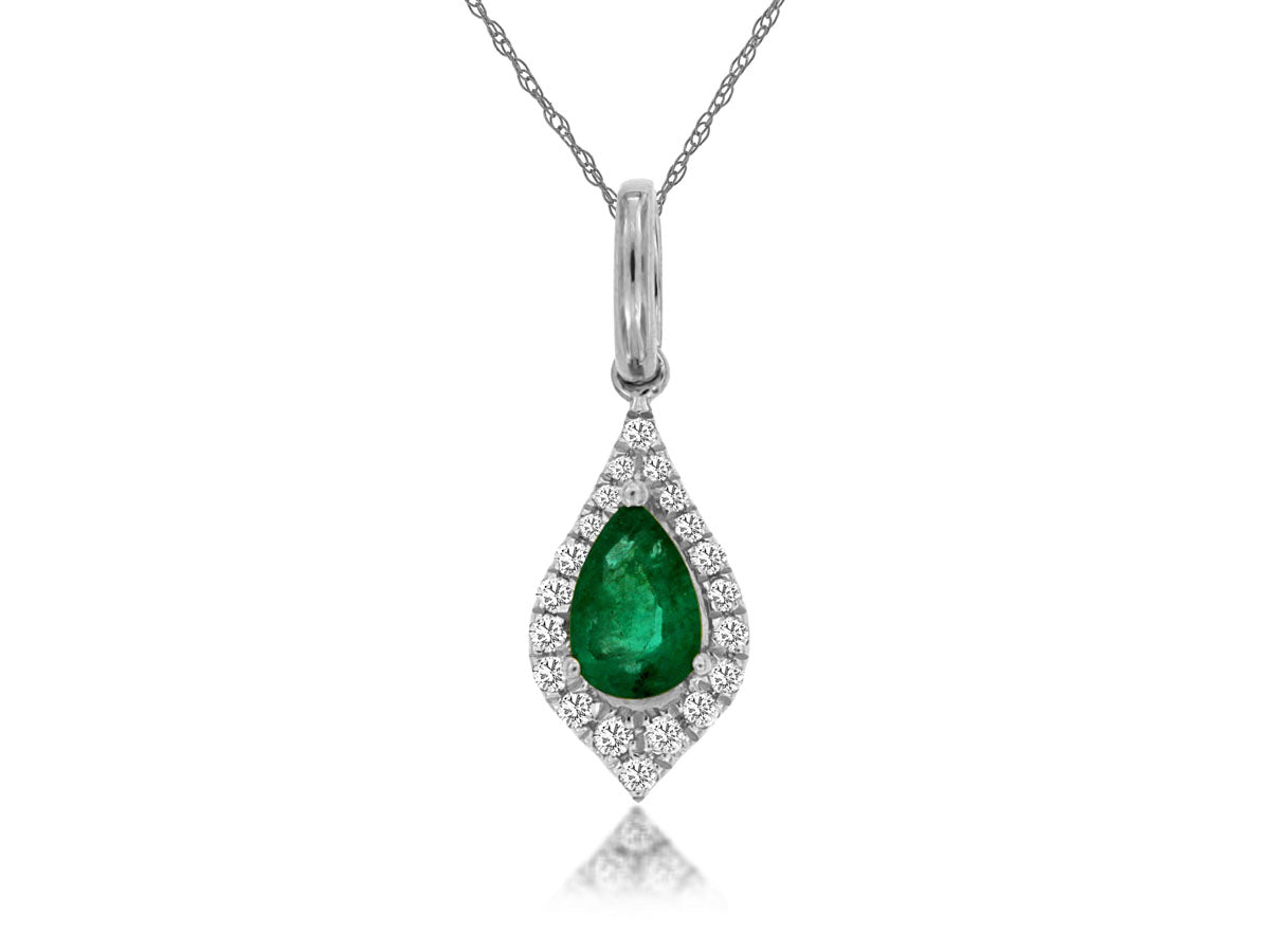 Emerald Halo 14 Karat White Gold Necklace with Pear Shape Pendant - 0.38 ct