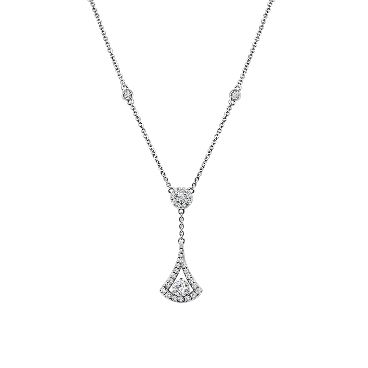 Premium 14K White Gold Necklace with RD Halo and Fan Drop Station, Featuring 0.84 Carat Natural Diamond