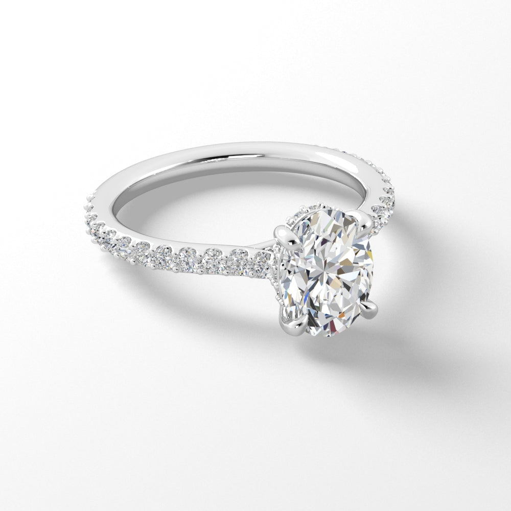 Platinum Oval Diamond Band Engagement Mounting with Hidden Halo