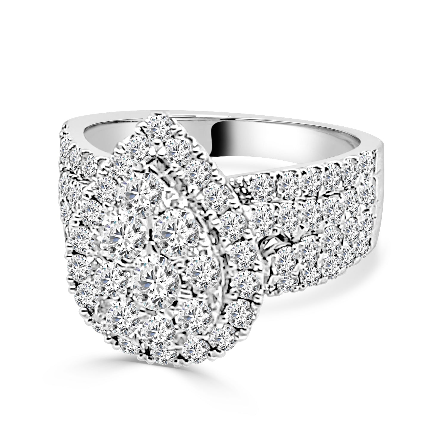 4 Row Split Shank Cluster Pear Engagement Ring in 14 Karat White Gold