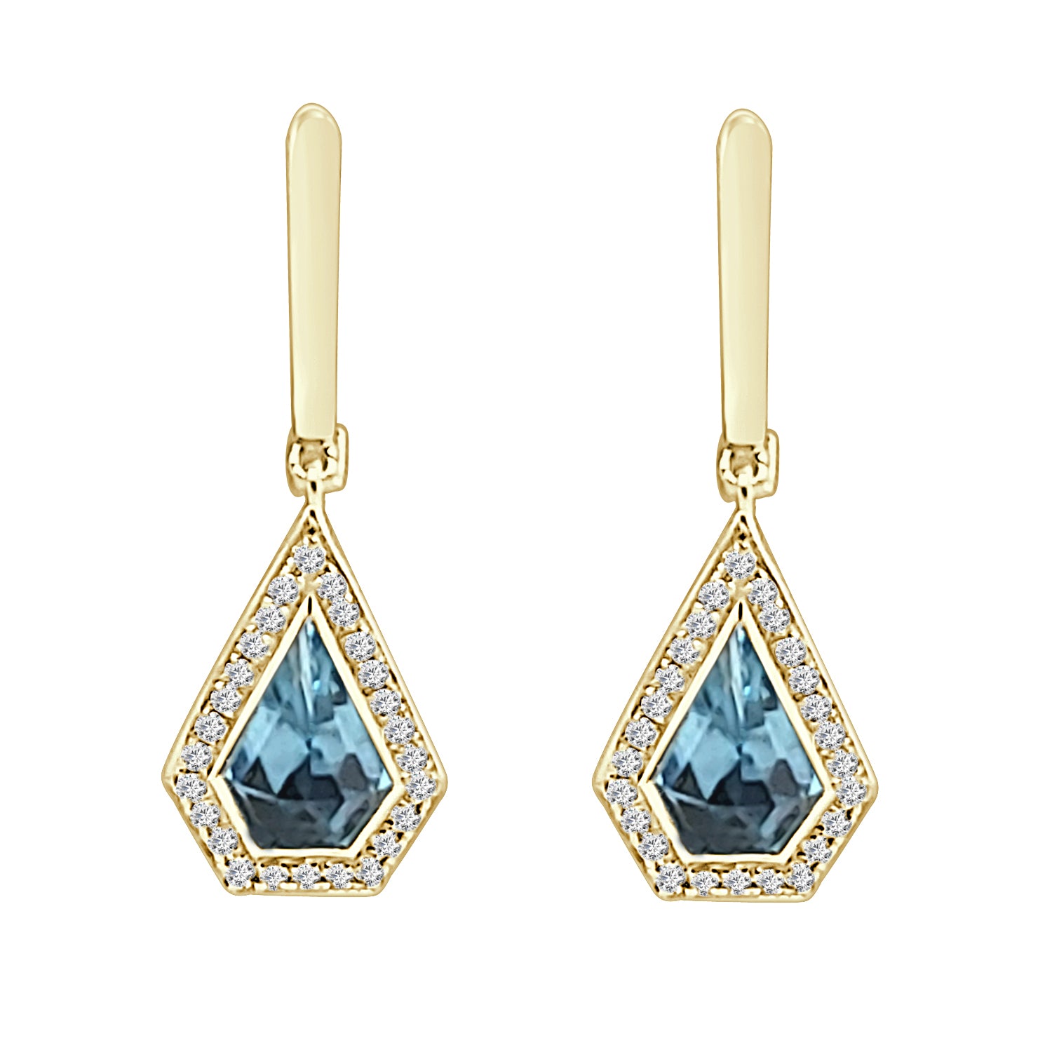 14K Yellow Gold Halo Shield Blue Topaz Earrings - 1.70 Carats