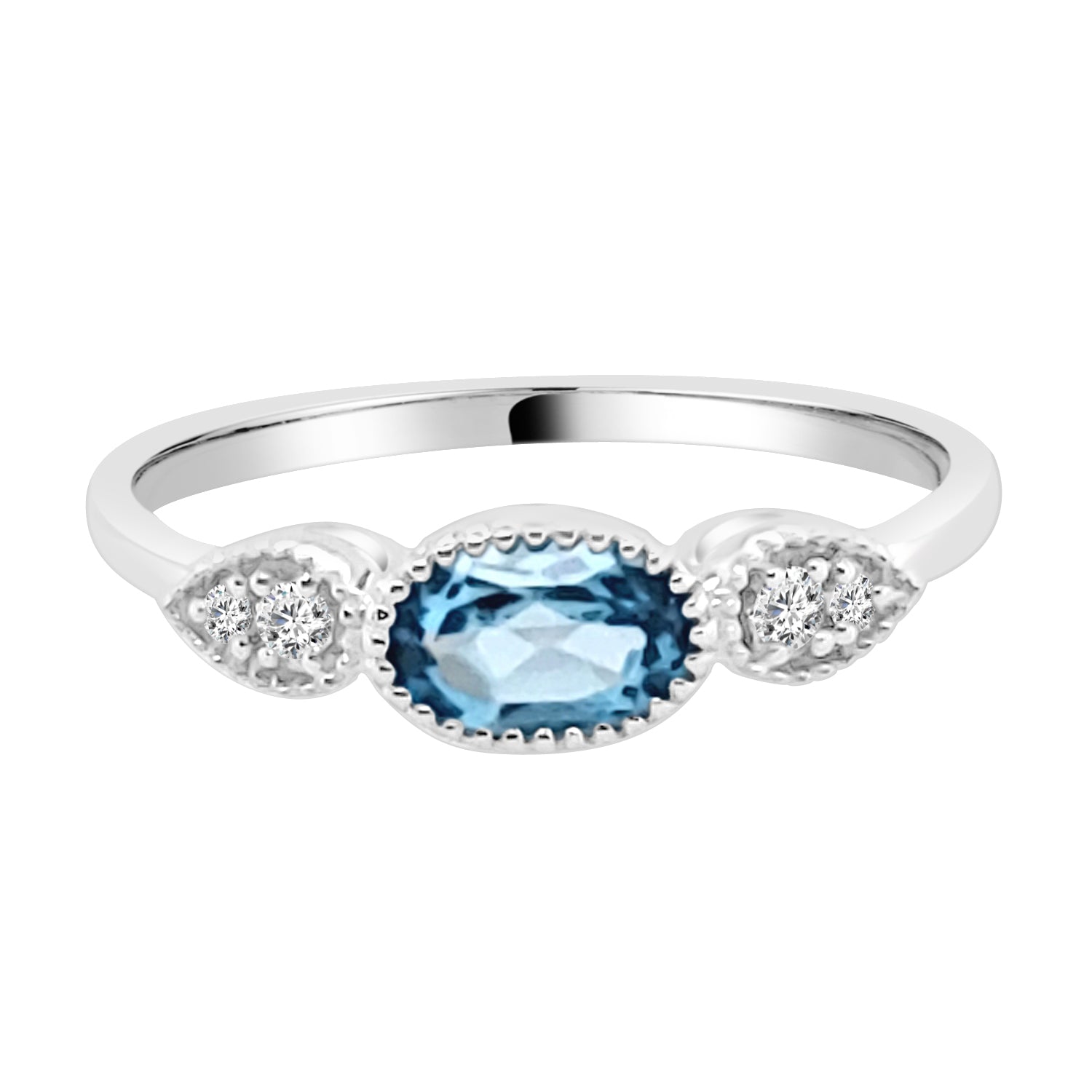 Milgrain Oval Blue Topaz 3-Stone Ring in 14K White Gold (0.50 ct)