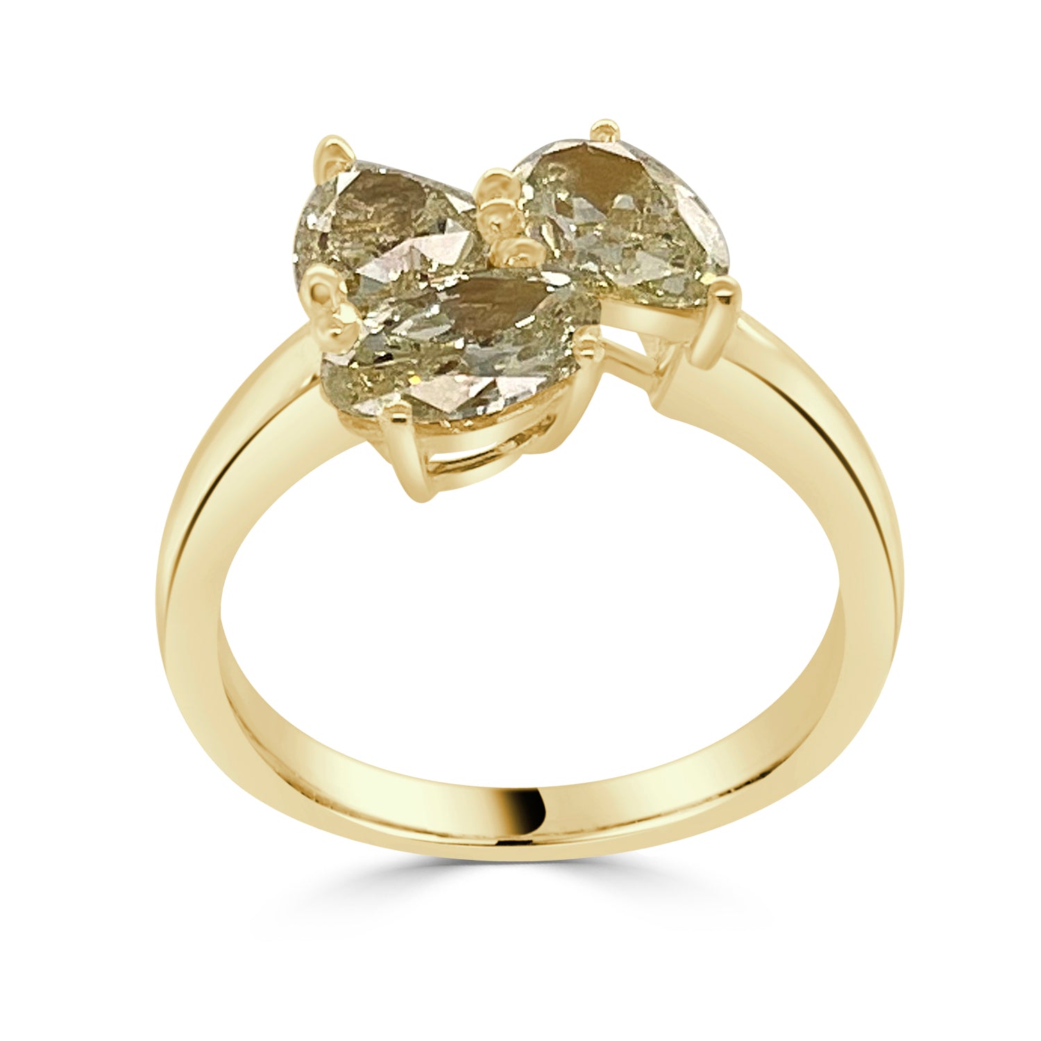 18K Yellow Gold Three Stone Oval, Pear, and Trillion Ring with 2.12 Yellow Diamond