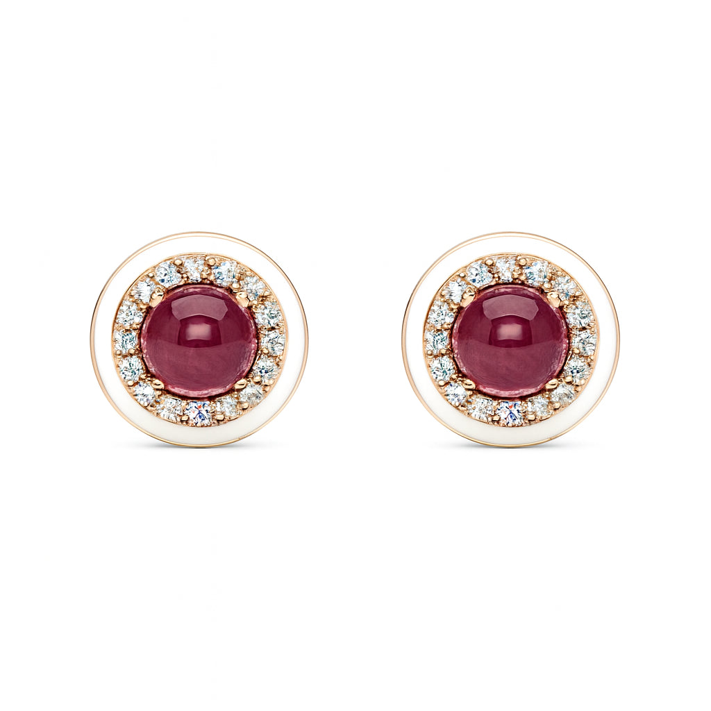 14K Rose Gold Tourmaline Cabochon White Enamel Stud Earrings, Round Shape 3.88