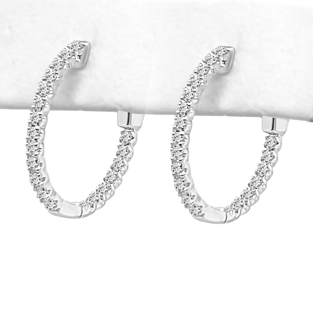14K Yellow Gold Oval Diamond Hoop Earrings with Shared Prong Setting - 0.73 ct Natural Round Diamond