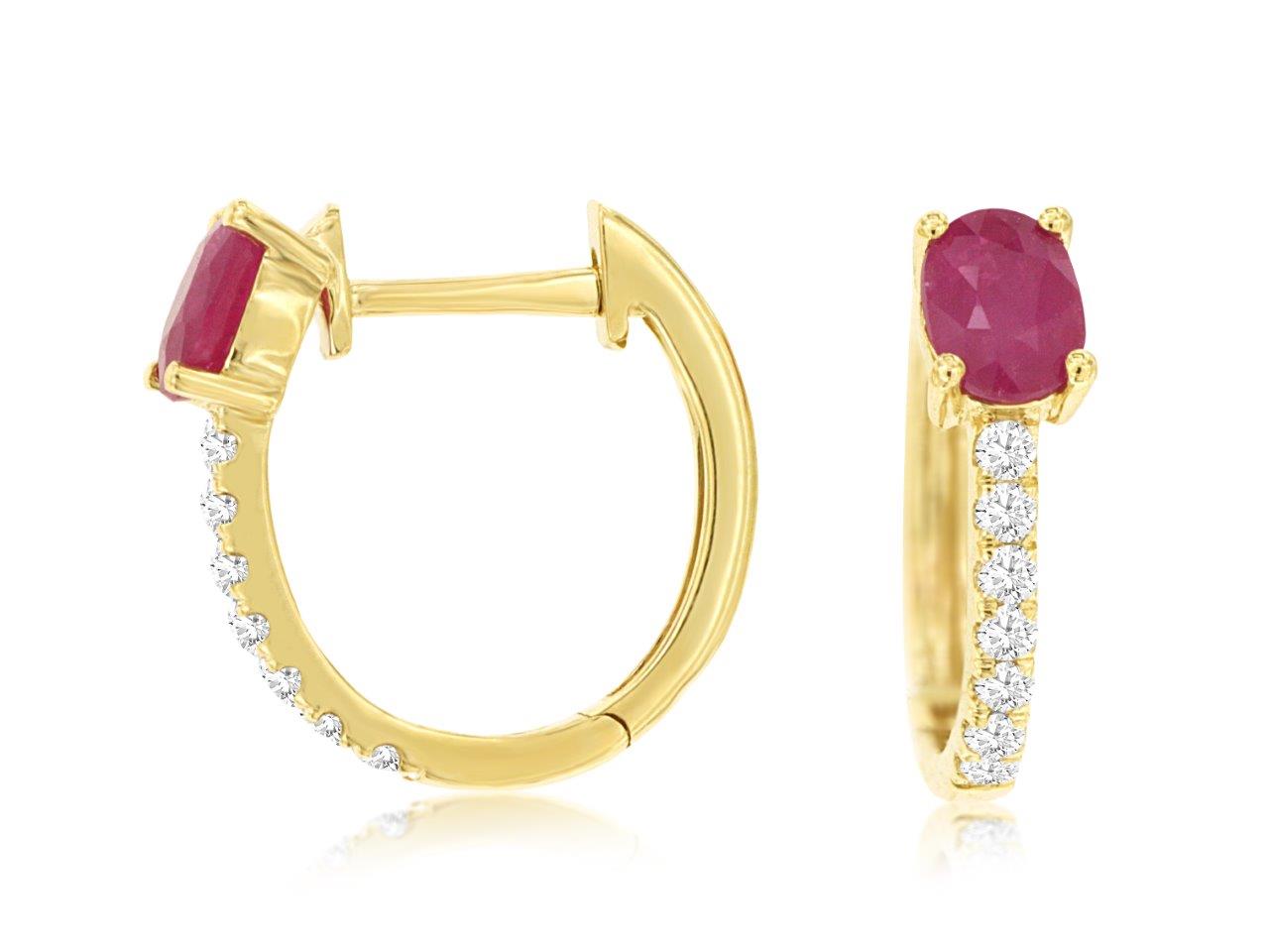 14 Karat Yellow Gold Ruby Oval Huggie Earrings - 0.84 Carat