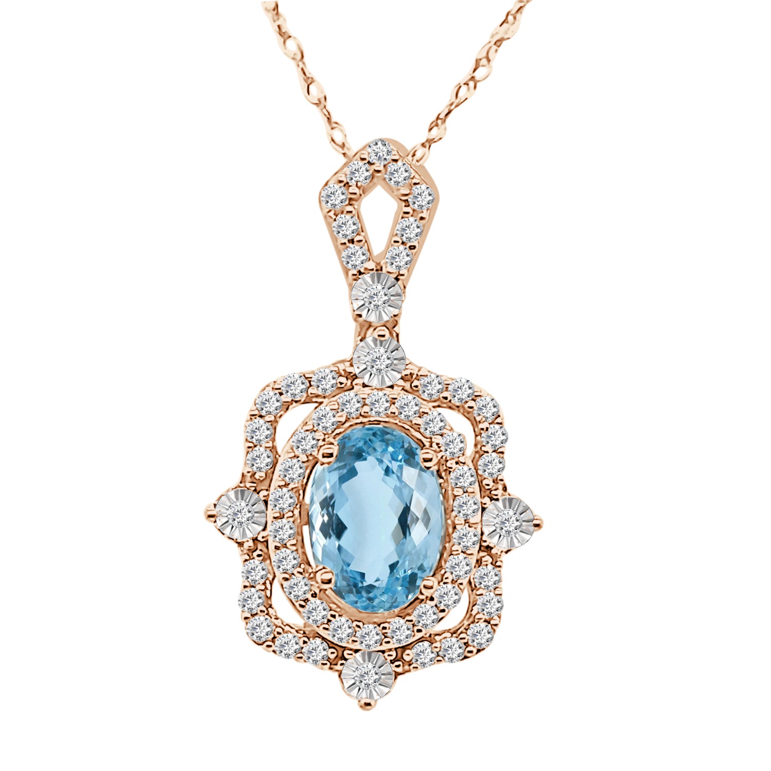 Rose Gold Aquamarine Necklace with Fancy Halo Drop - 14K, 0.68 ct