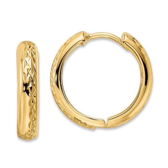 14K Yellow Gold Polished Textured Hinged Hoop Earrings