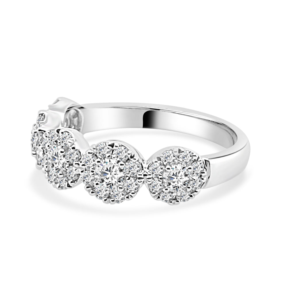 Sparkling Elegance: 14K White Gold Round 6 Stone Diamond Ring with Halos (1.00 ct) - Natural Diamonds