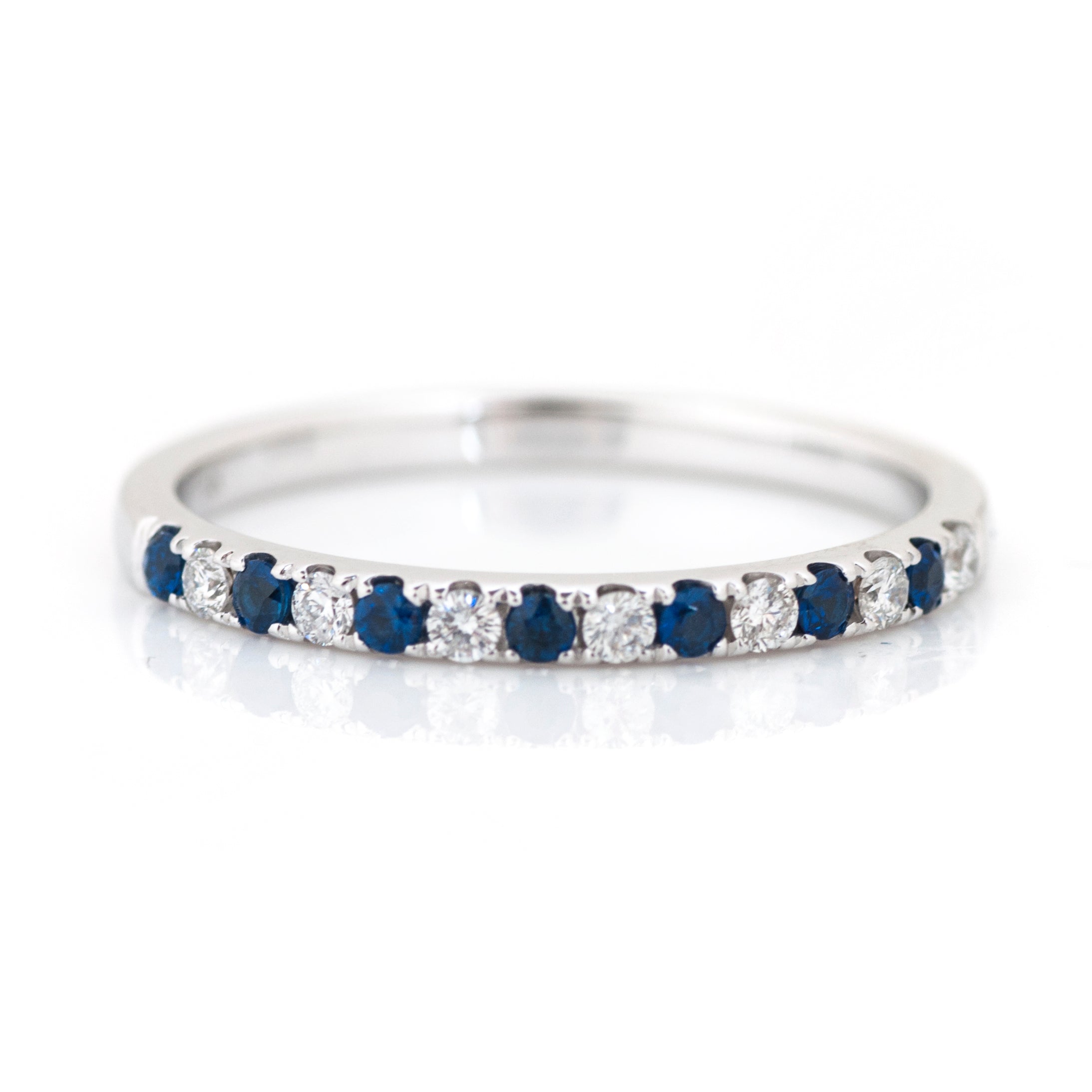 14K White Gold Blue Sapphire and Diamond Straight Band Ring - Round Shape 0.15 ct