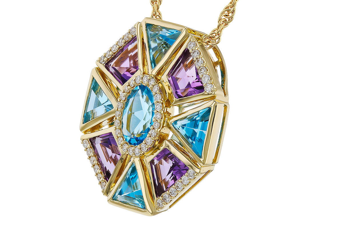 14K Yellow Gold Necklace with Trapazoid and Triangle Blue Topaz Pendant - 3.16 Carats