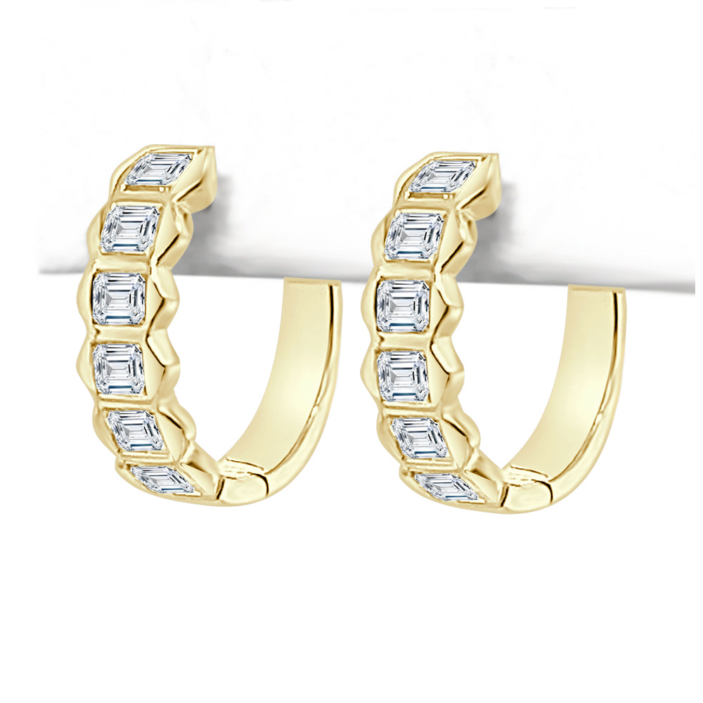 14K Yellow Gold Bezel Set Emerald Cut Diamond Hoop Earrings with 1.73 ct Natural Diamonds