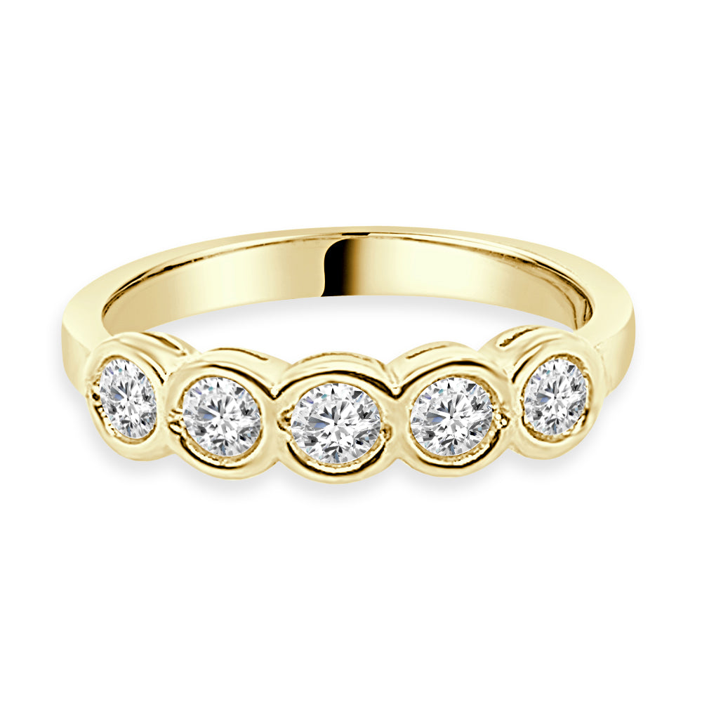 14K Yellow Gold Bezel Set Five Stone Natural Diamond Ring - 0.47 ct Round Shape