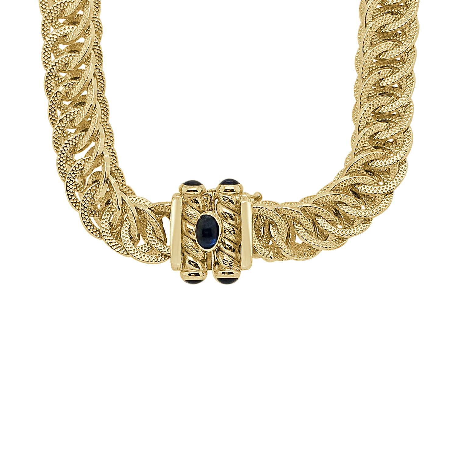 18K Yellow Gold Chain Necklace with Interwoven Links and Blue Sapphire Clasp