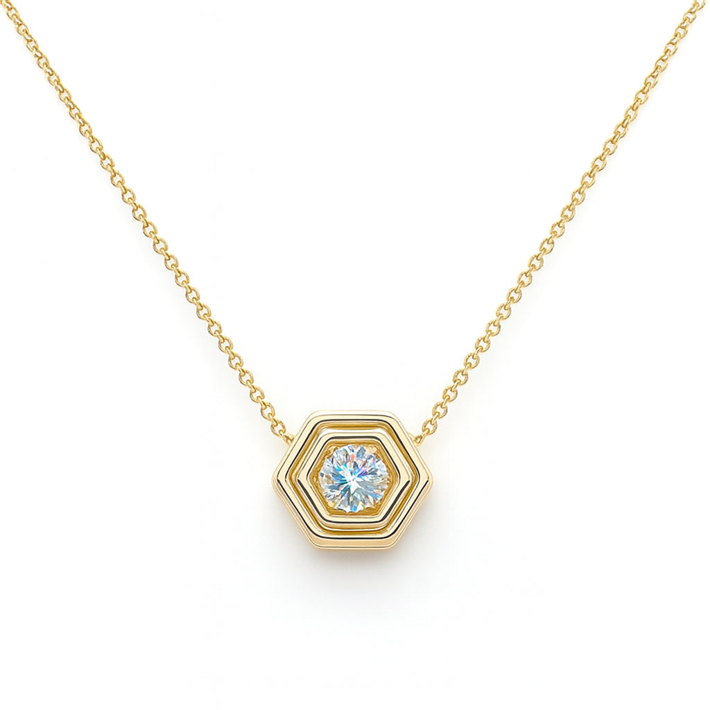 14 Karat Yellow Gold Hexagon Slider Necklace with Round Shape Natural Diamond 0.27 carats