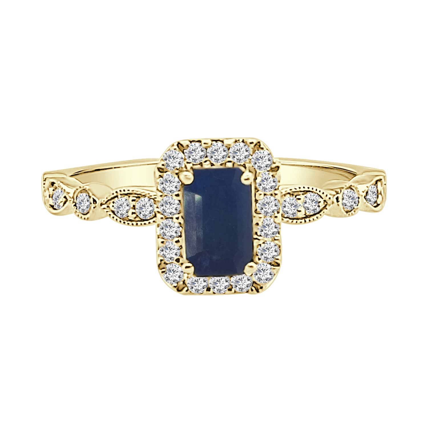 14K Yellow Gold Ring with Emerald Halo and Scalloped Band featuring Blue Sapphire, 0.70 Carats