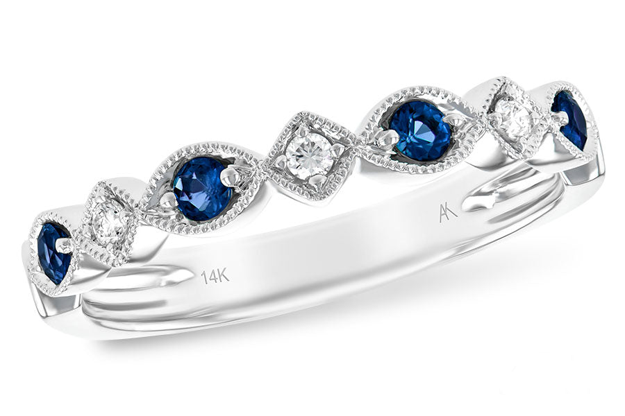 Vintage 14K White Gold Wedding Band with Round Blue Sapphire 0.20 Carat